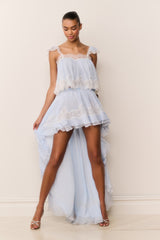 Jolina Silk Chiffon Lace High-Low Skirt