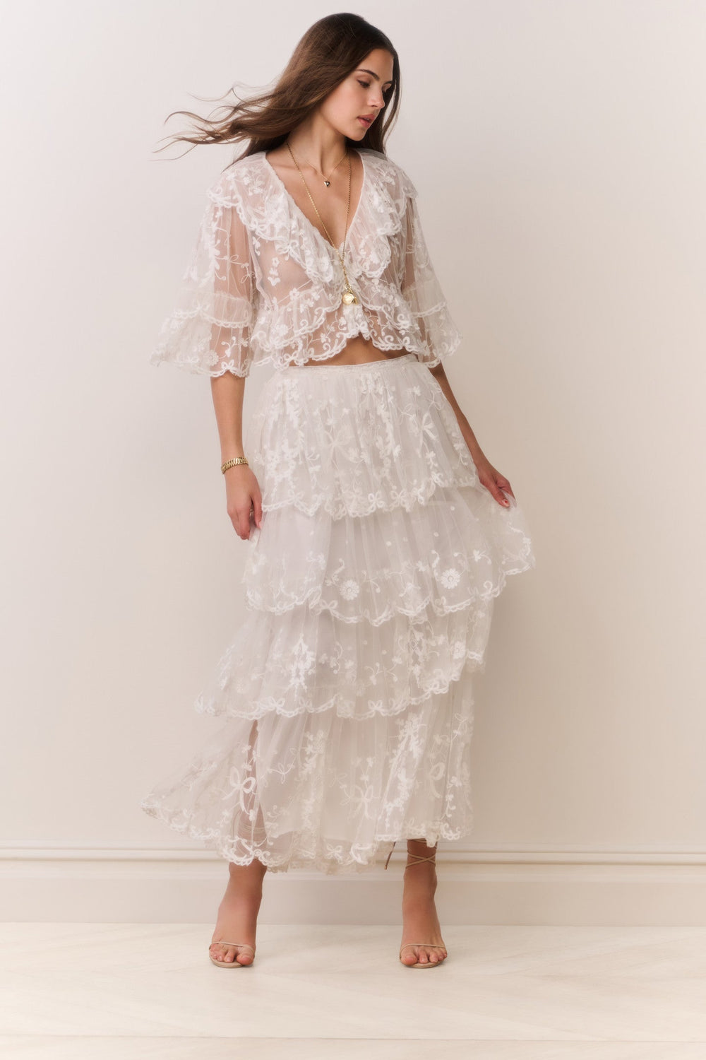 Celesa Embroidered Mesh Tiered Maxi Skirt