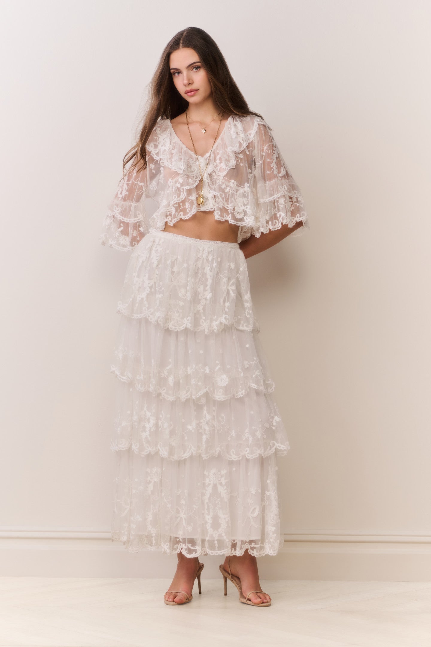 Celesa Embroidered Mesh Tiered Maxi Skirt
