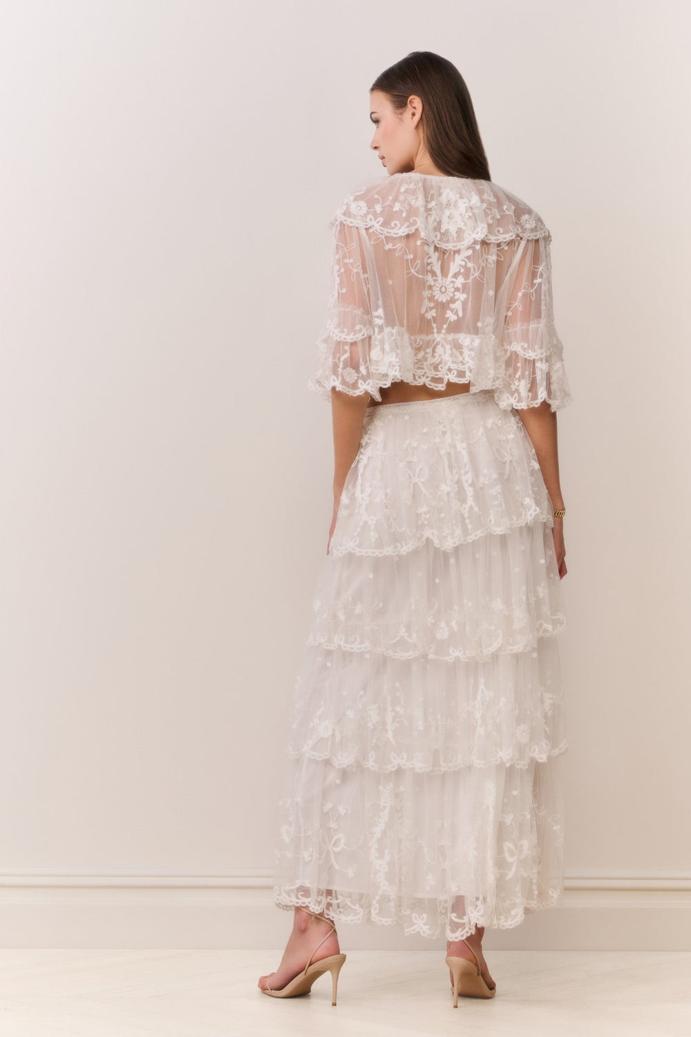 Celesa Embroidered Mesh Tiered Maxi Skirt