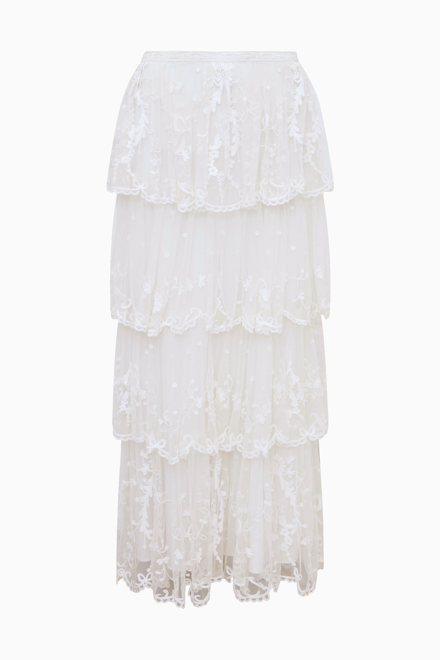 Celesa Embroidered Mesh Tiered Maxi Skirt