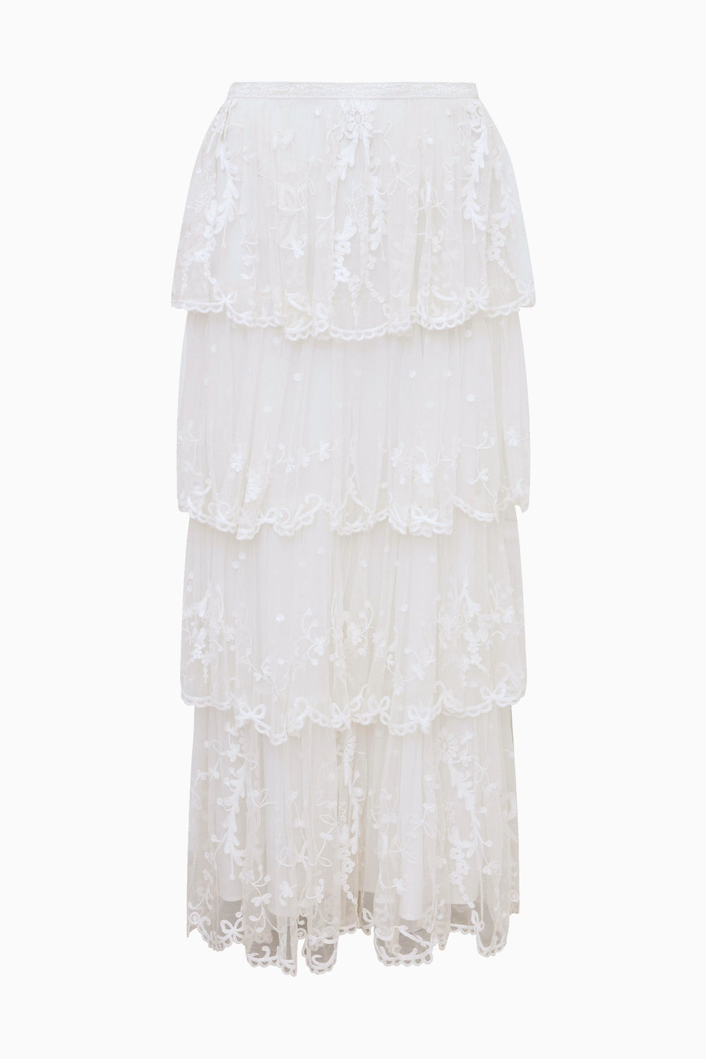 Celesa Embroidered Mesh Tiered Maxi Skirt