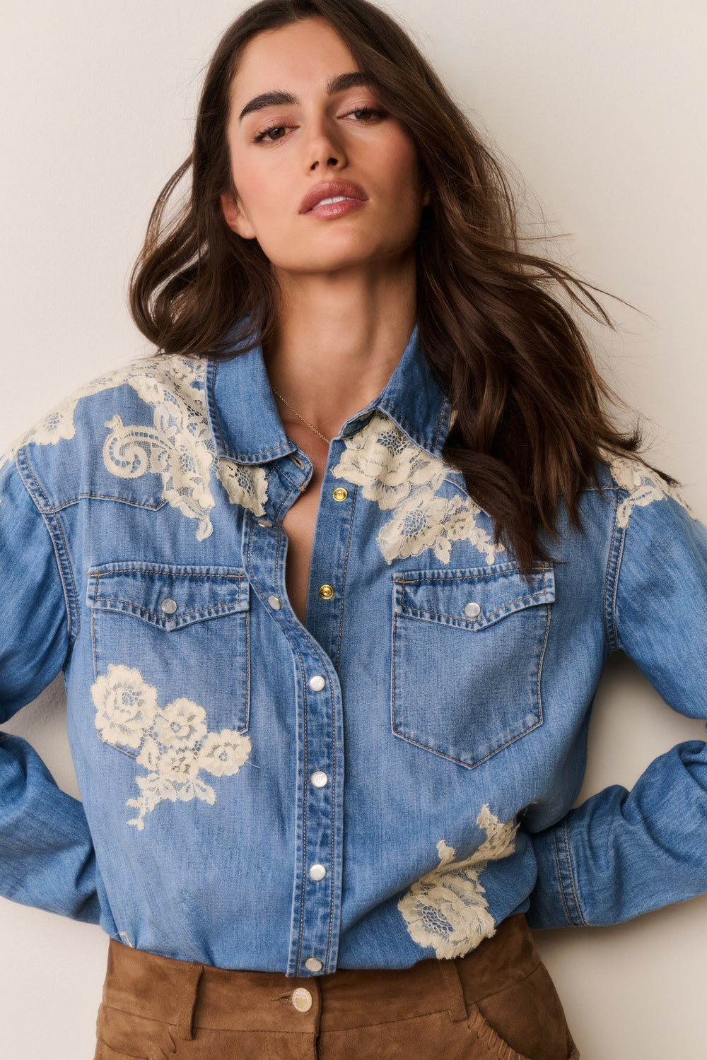 Kelith Lace Appliqué Chambray Shirt