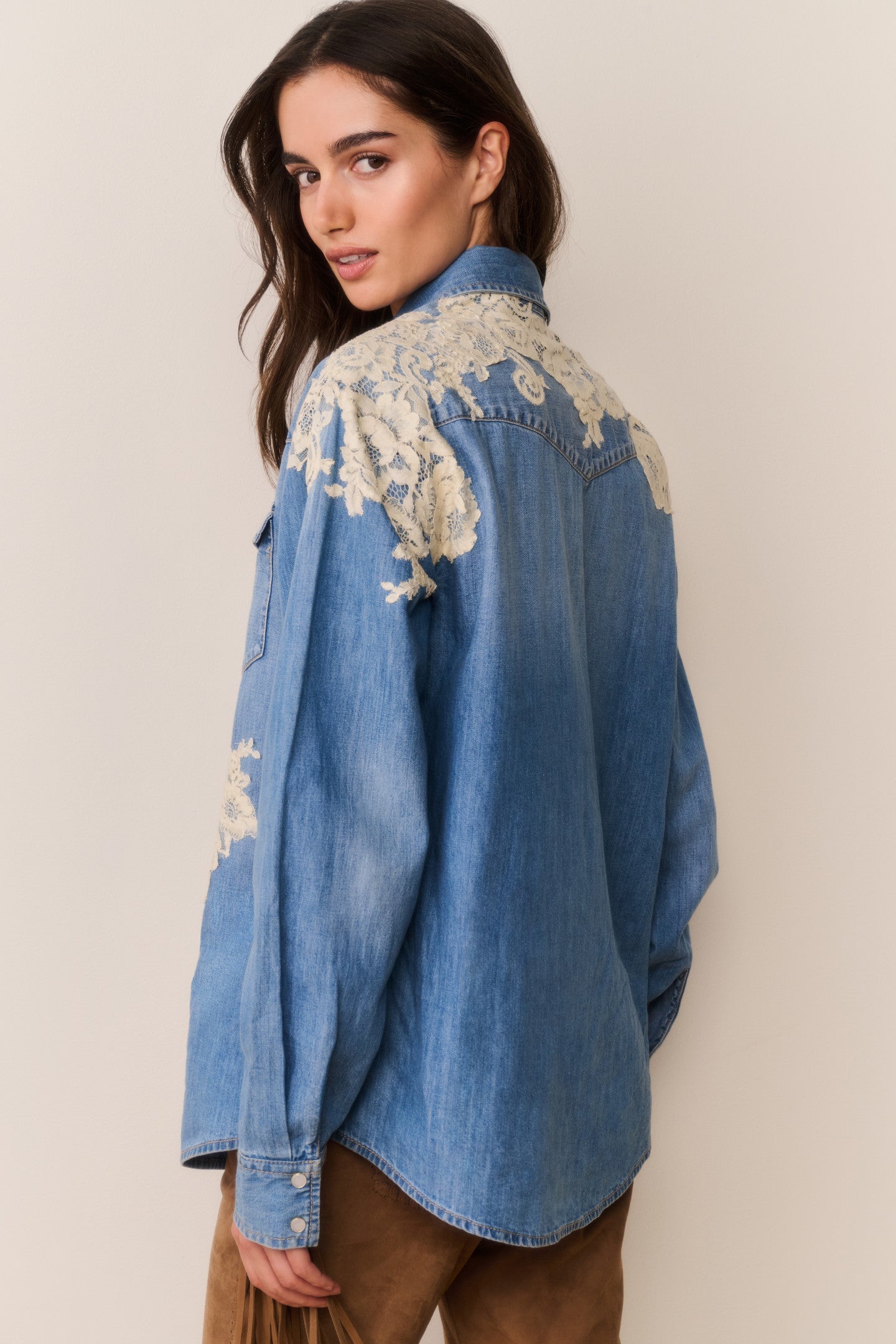 Kelith Lace Appliqué Chambray Shirt